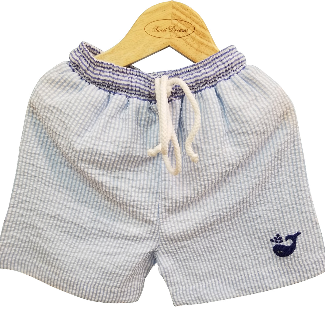 Whale Seersucker Swim Trunks